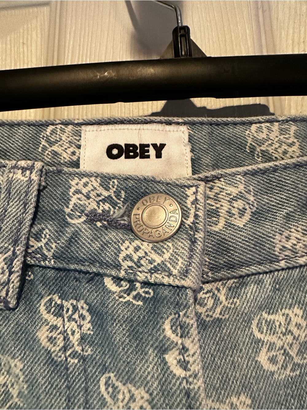 Obey High-Rise Light Blue Denim Jeans with White All-Over Print